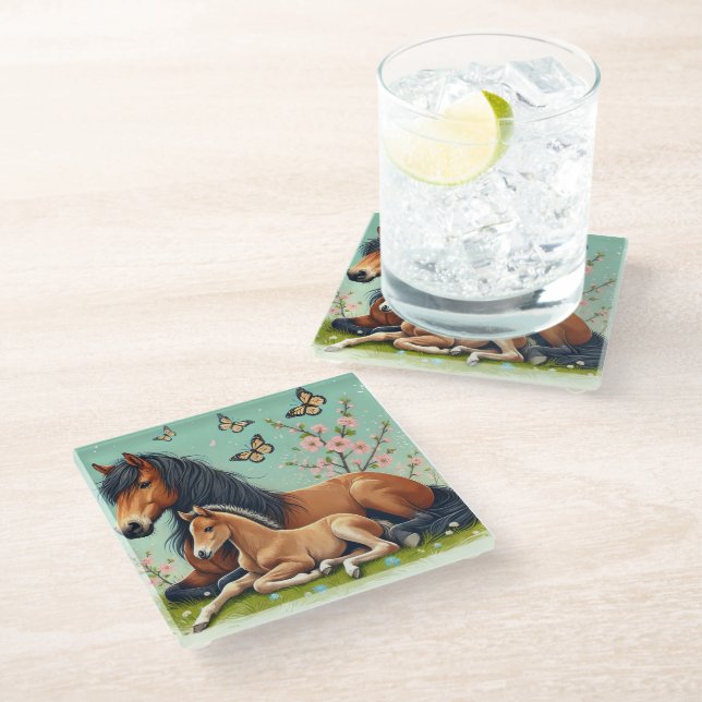 Horse and Foal Resting in a Spring Setting Glass Coaster (Angled)