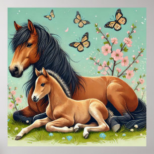 Horse and Foal Resting in a Spring Setting Poster