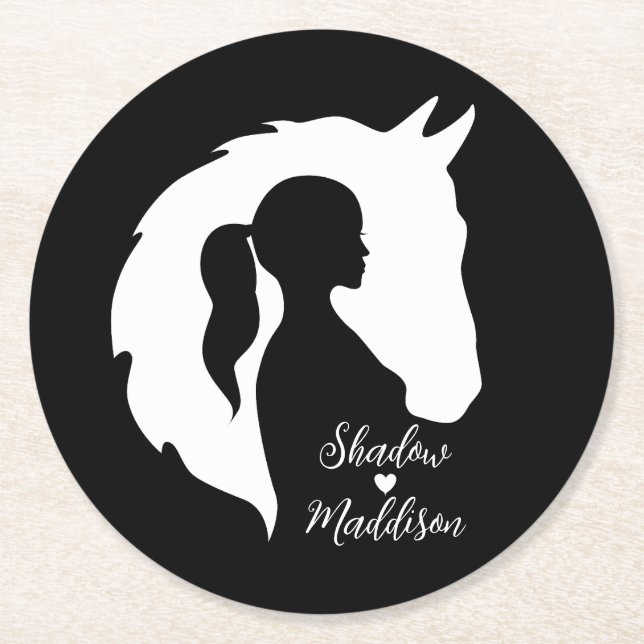Horse and girl horse lover silhouette heart black round paper coaster (Front)