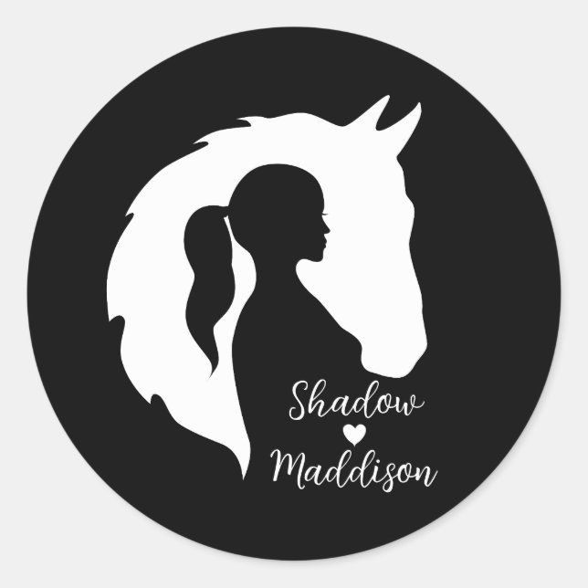 Horse and girl horse lover silhouette heart classic round sticker (Front)