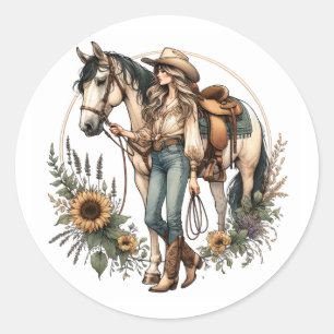 Horse and Girl Sticker with Sunflowers