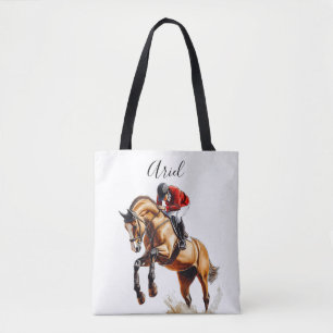 Horse and Rider Jumping in Equestrian Action Tote Bag