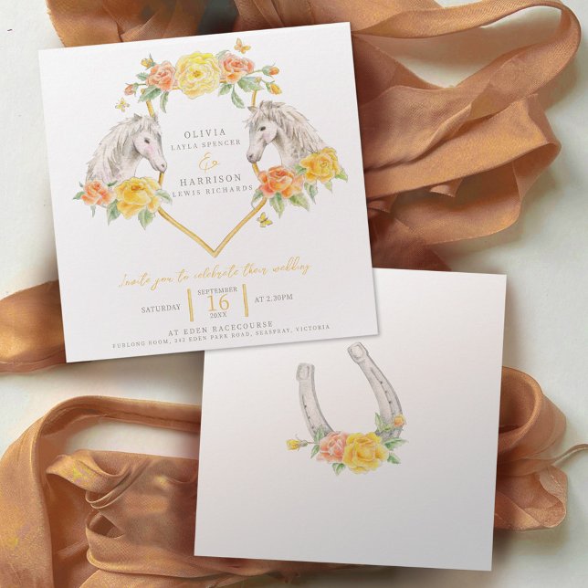 Horse and roses watercolor art square wedding invitation (Creator Uploaded)