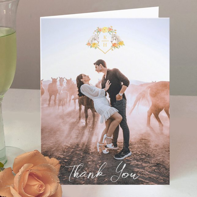 Horse and roses yellow grey monogram wedding photo thank you card (Creator Uploaded)