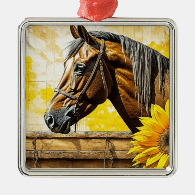 Horse and Sunflower Beautiful AI Art  Metal Tree Decoration (Front)