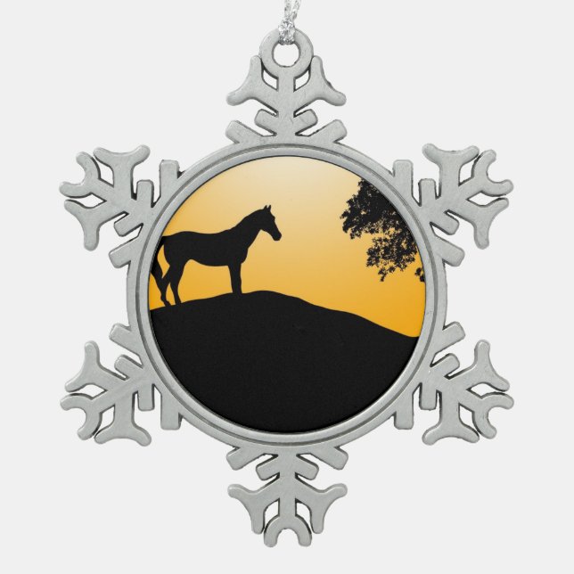 Horse and tree black silhouettes snowflake pewter christmas ornament (Front)