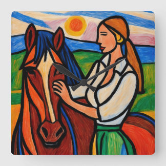 Horse and woman crayon look art clock