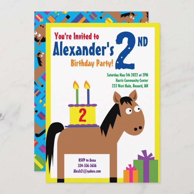 Horse Animal Kid's Birthday Party Invitations (Front/Back)