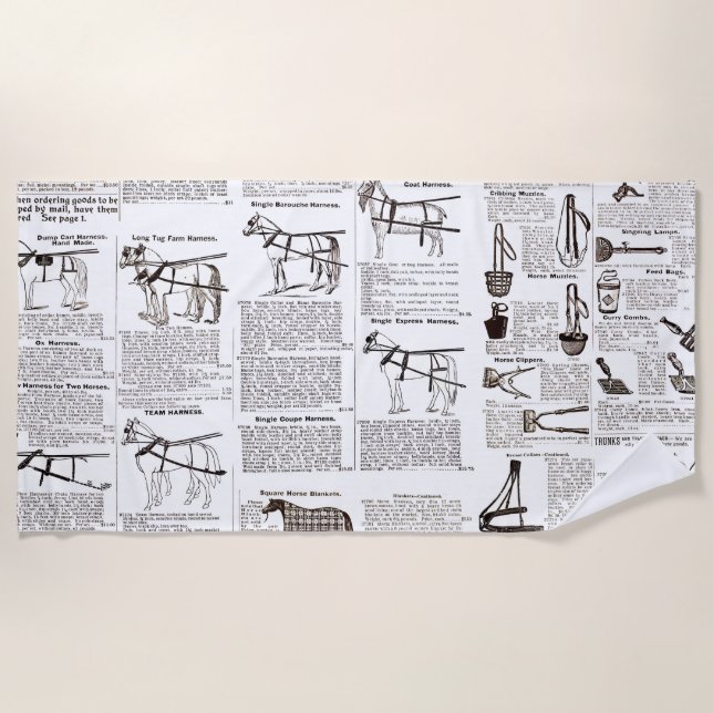 Horse Antique Advertising Newspaper Art Beach Towel (Front)