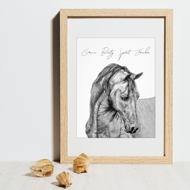 Horse art graphic pencil drawing black and white photo print (Original horse pencil drawing, graphit pencil horse art print with personalized quote.)