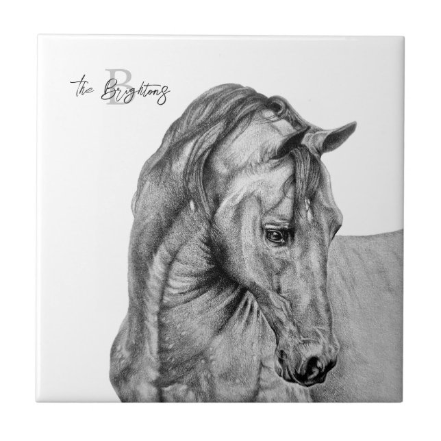 Horse art graphic pencil drawing black and white tile (Front)