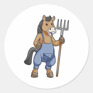 Horse as Farmer with Rake Classic Round Sticker