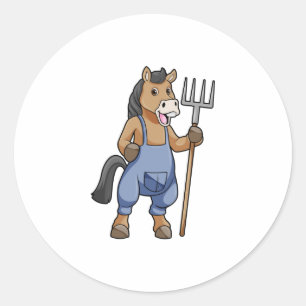 Horse as Farmer with Rake Classic Round Sticker