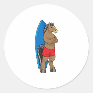 Horse as Surfer with Surfboard Classic Round Sticker