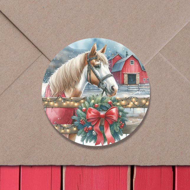 Horse at a Farm Christmas  Classic Round Sticker (Creator Uploaded)