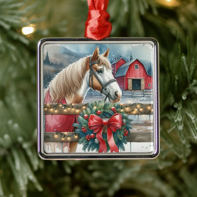 Horse at a Farm Christmas Metal Tree Decoration (Tree)
