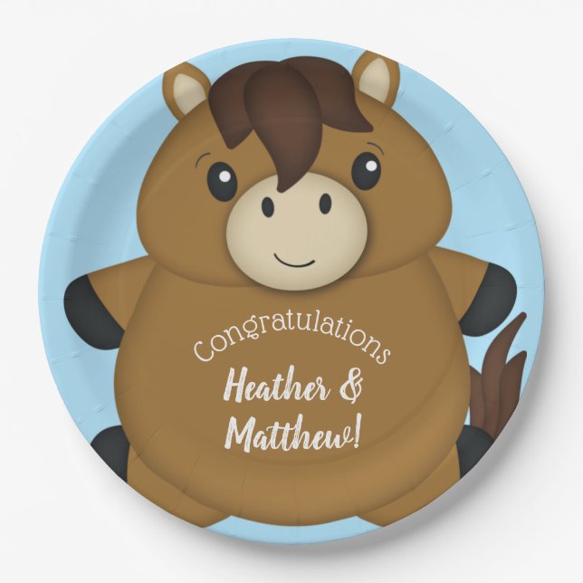 Horse Baby Shower Blue Boy Paper Plate (Front)