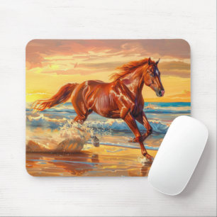 Horse Beach Ocean Sunset Painting Mouse Pad