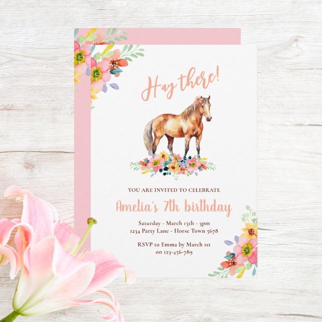 Horse Birthday Floral Pony Pink Invitation (Creator Uploaded)
