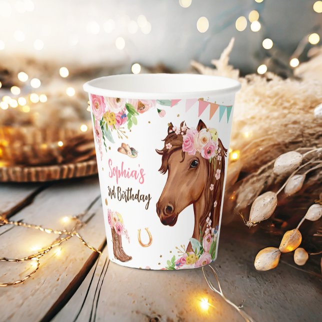 Horse Birthday Girl Cowgirl Pink Floral Party Paper Cups (Creator Uploaded)
