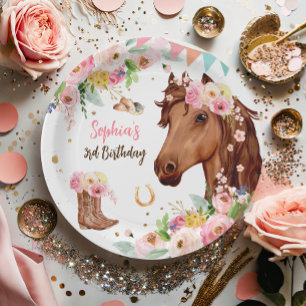 Horse Birthday Girl Cowgirl Pink Floral Party Paper Plate