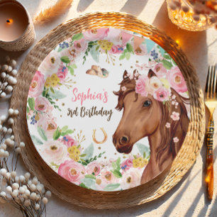 Horse Birthday Girl Cowgirl Pink Floral Party Paper Plate