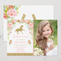 Horse Birthday Invitation Floral Pink Gold Horse