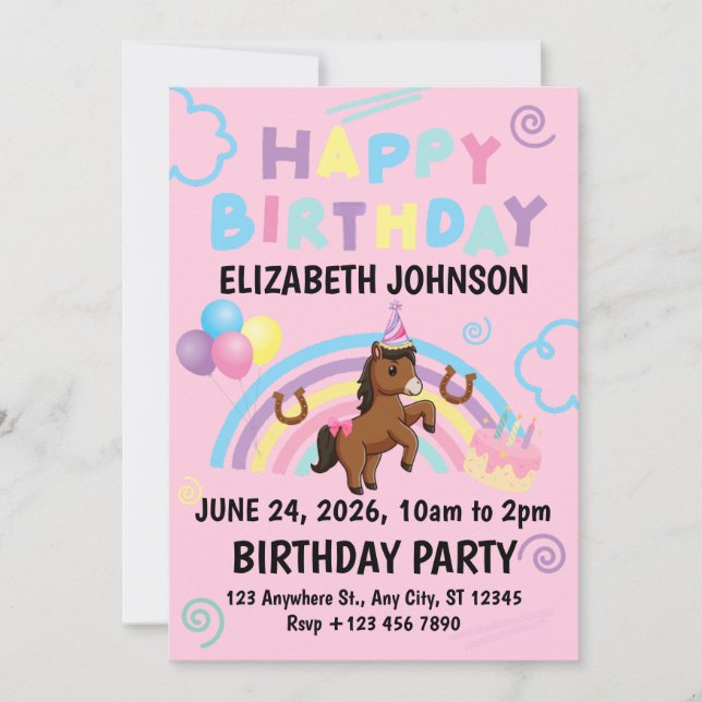 Horse Birthday Invitation in Pink (Front)