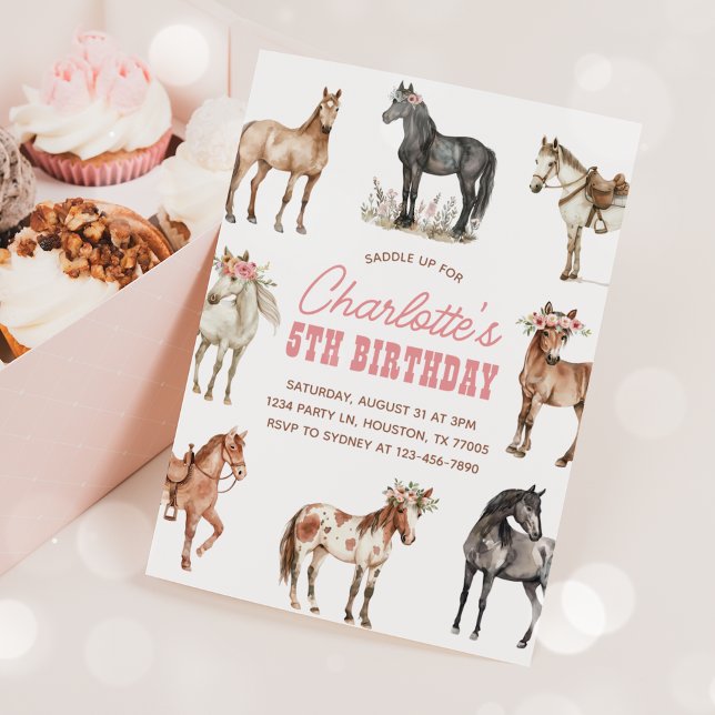 Horse Birthday Invitation Pink Floral Pony Invite (Creator Uploaded)