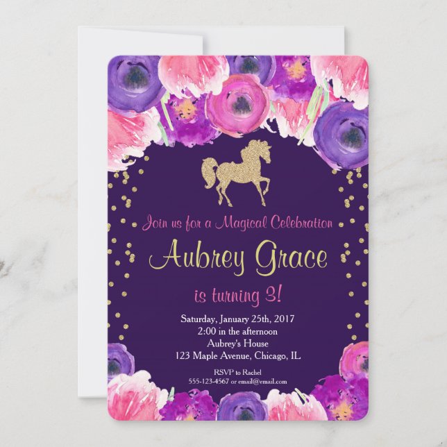 Horse birthday invitation, pink purple gold invitation (Front)