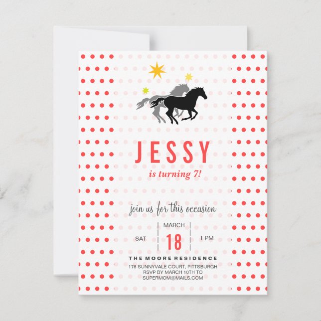 Horse Birthday Invitations Coral Red (Front)