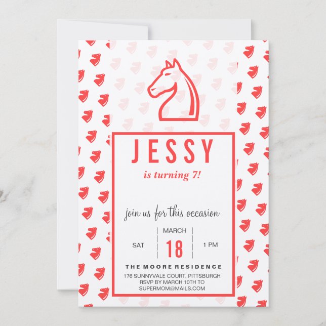 Horse Birthday Invitations Coral Red (Front)