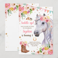 Horse Birthday Invite Girl Cowgirl Pink Floral