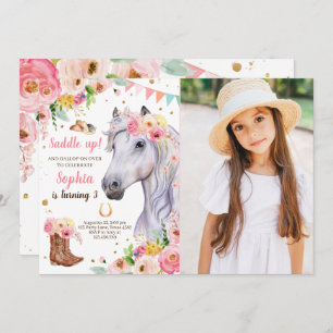 Horse Birthday Invite Girl Cowgirl Pink Floral