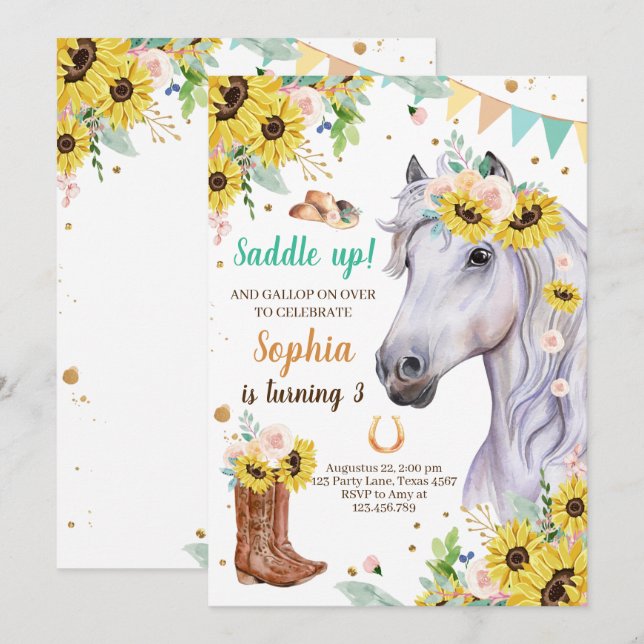 Horse Birthday Invite Girl Cowgirl Sunflowers Blue (Front/Back)
