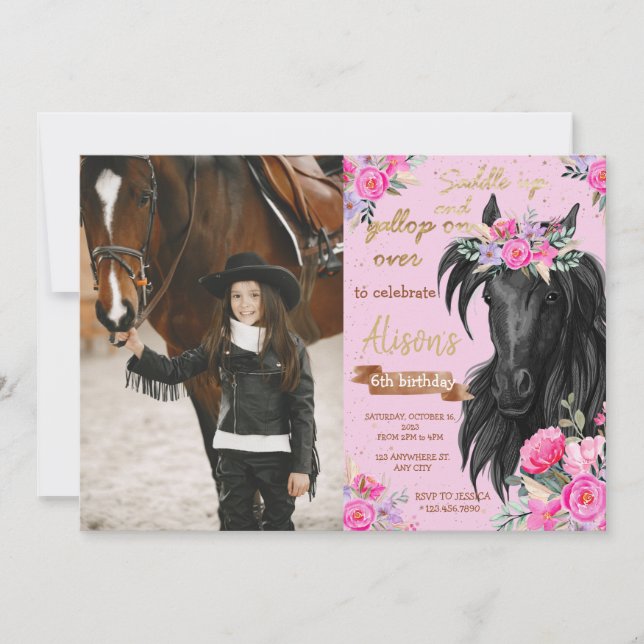 Horse Birthday Party Cowgirl Pink Floral Birthday Invitation (Front)