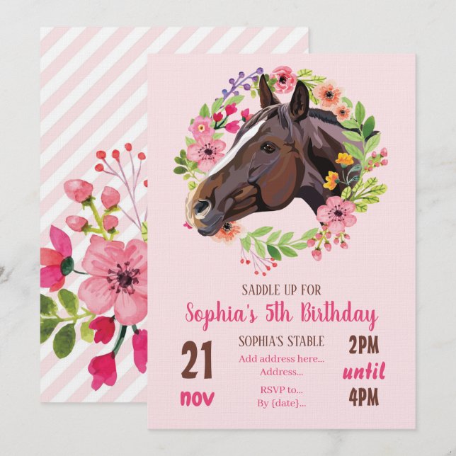Horse Birthday Party Cowgirl Pink Floral Birthday Invitation (Front/Back)