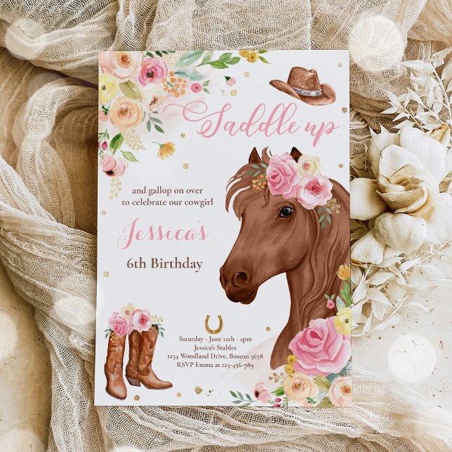 Horse Birthday Party Cowgirl Pink Floral Birthday  Invitation (Creator Uploaded)