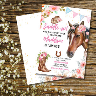 Horse Birthday Party Cowgirl Pink Floral Birthday  Invitation