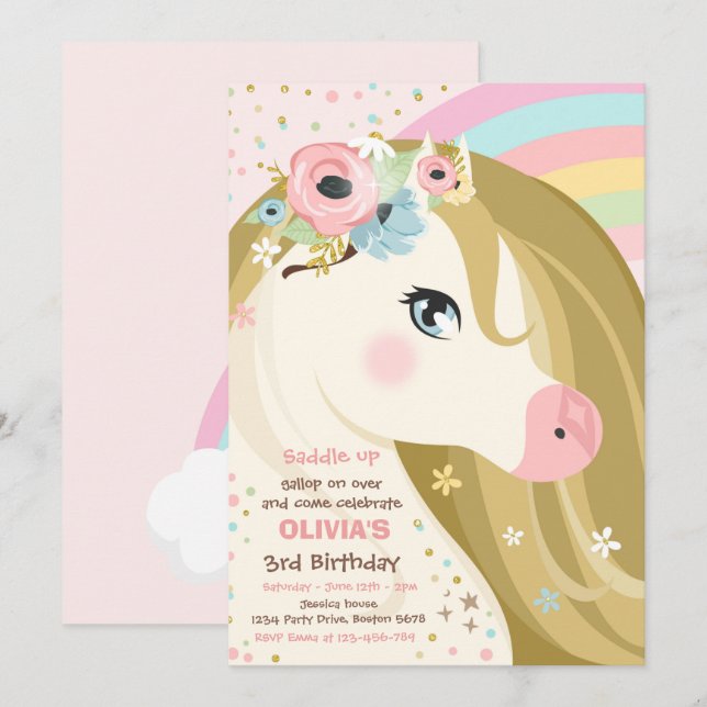 Horse Birthday Party Floral Pink Pony Birthday Inv Invitation (Front/Back)