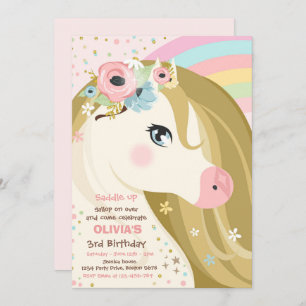 Horse Birthday Party Floral Pink Pony Birthday Inv Invitation