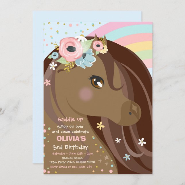 Horse Birthday Party Floral Pink Pony Birthday Invitation (Front/Back)