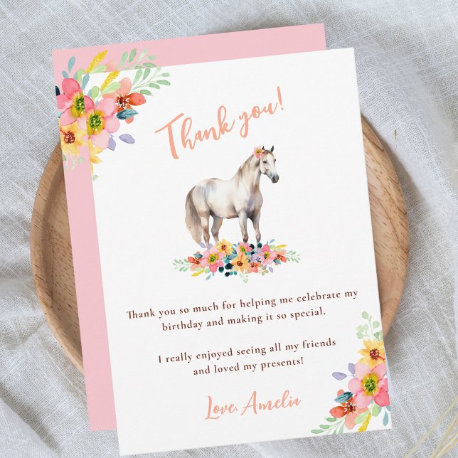 Horse Birthday Party Floral Pony Pink Thank You Card (Creator Uploaded)