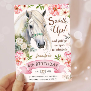 Horse Birthday Party Girls Pink 4th Birthday Invitation
