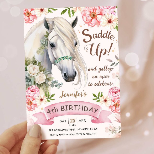 Horse Birthday Party Girls Pink 4th Birthday Invitation (Creator Uploaded)
