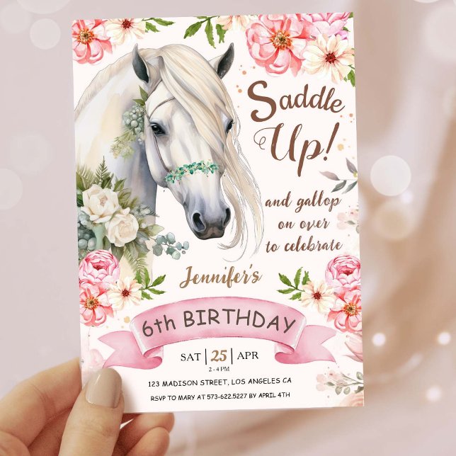 Horse Birthday Party Girls Pink 6th Birthday Invitation (Creator Uploaded)