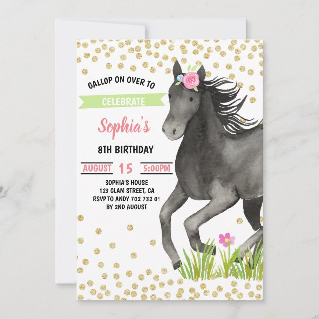 Horse Birthday Party Gold Glitter Pink Floral Invitation (Front)