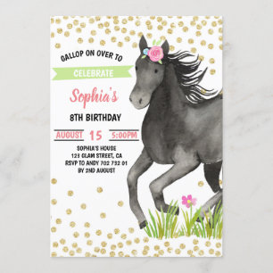 Horse Birthday Party Gold Glitter Pink Floral Invitation