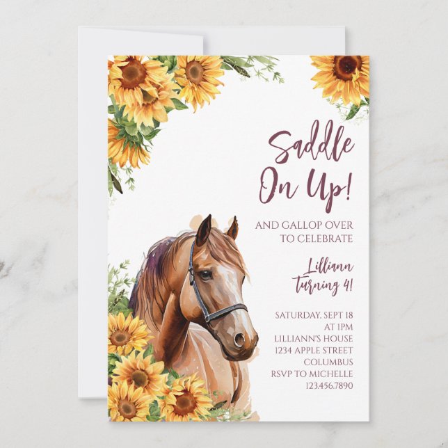 Horse Birthday Party Invitation Sunflowers (Front)