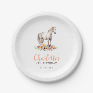 Horse Birthday Party Pink Floral Paper Plate